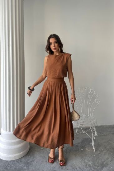 KETEN KOLSUZ BLUZ - MAXİ ETEK TAKIM - Kahverengi resmi
